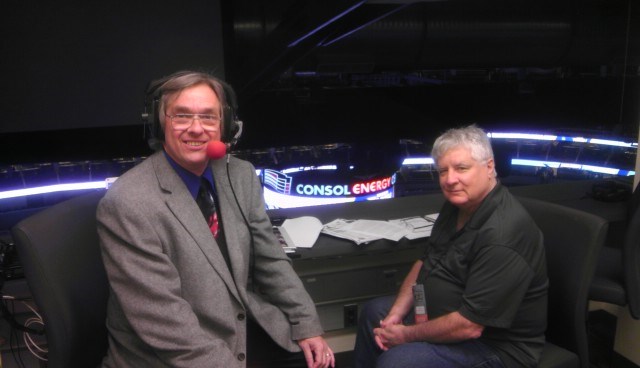 Bob Ellis & Chaz Scoggins, the voices of UMass-Lowell hockey, ready to call the Frozen Four semi-final game against Yale