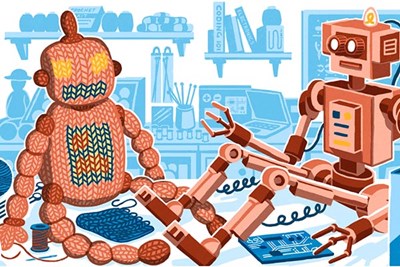 Cartoon of knit robot and standard robot