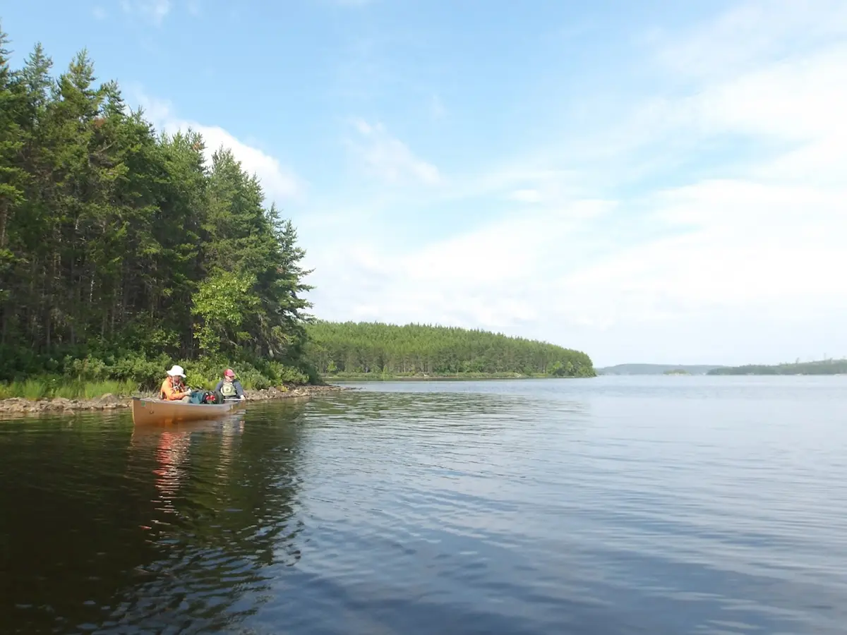 Paddlers in a canoe rest on the water while looking out to the lake.