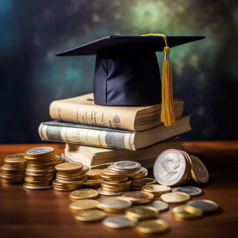 A graduation cap sits on top of a stack of books and surrounded by coins.