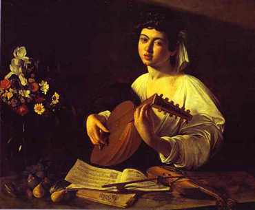 A Caravaggio painting of a girl playing on two instruments. 