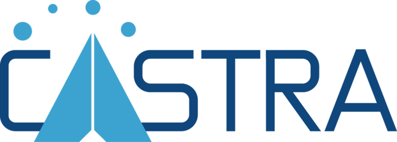 CASTRA spelled out with a shape of a paper plane replacing the first A, with 3 blue circles on top
