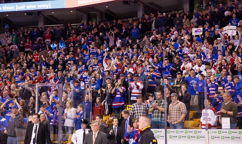 Fans at the Tsongas Center cheer on the UMass Lowell hockey team. 
