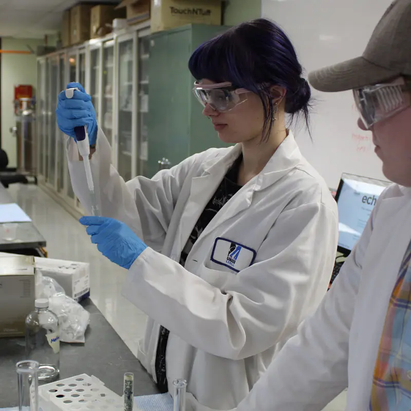 A student adds liquid to a test tube while another student watches.