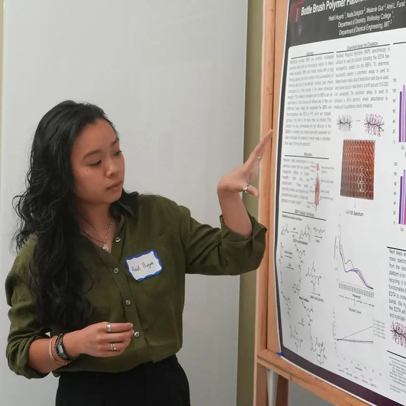 Student points to a research poster about toxic metal remediation.