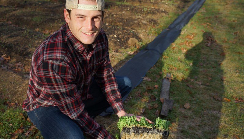 Christopher Horne crouches on the ground holding a tray of green sprouts at Horne Family Farms