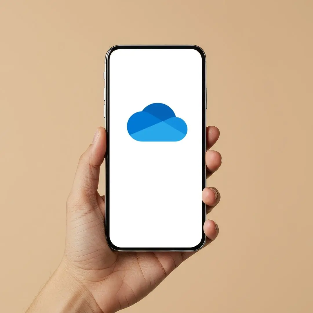 Hand holding a smartphone which shows the OneDrive logo.