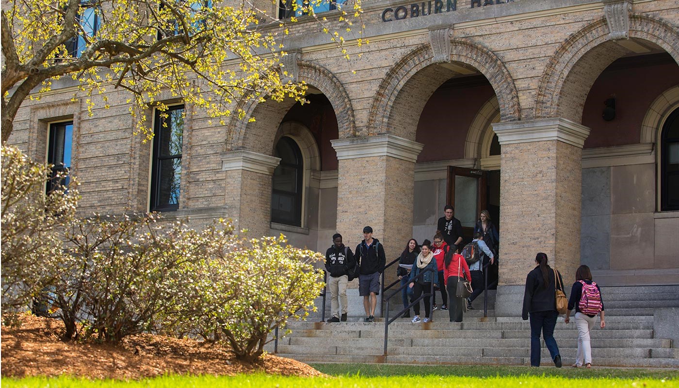 Students exiting Coburn Hall at UMass Lowell