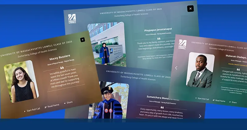 student commencement profile cards with photos, degree and personal quote