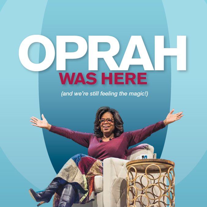 Shot of the magazine cover - Oprah with her arms spread against a blue "O"