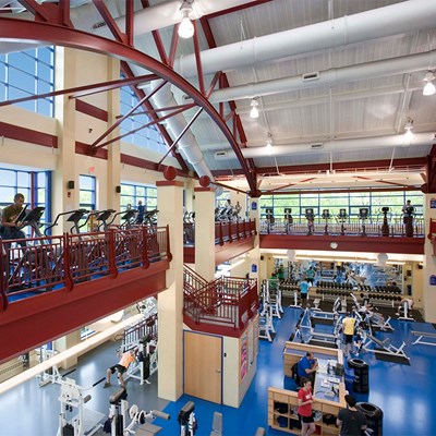 View of equipment from second level inside Campus Rec Center