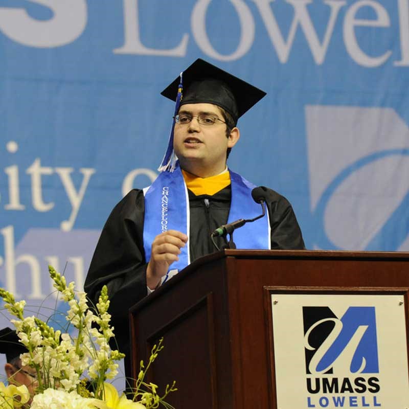 Criminal Justice student Corey Lanier speaks at the morning Commencement ceremony.