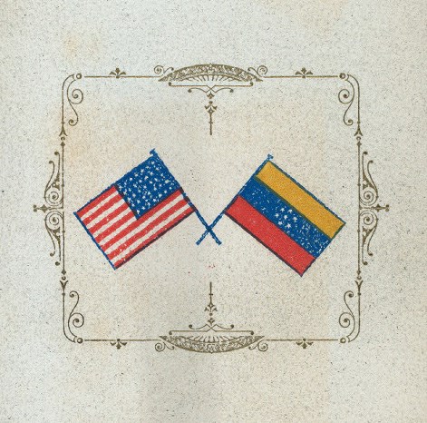 The crossed flags are a symbol used during an official banquet. “Banquet For John Rooney And Friends [held by] Commissioner Of Venezuela Napoleon DominicI [at] "Delmonico's, New York, NY" (REST;)” by Buttolph, Frank E., Miss (d. 1924) is licensed under CC0 1.0