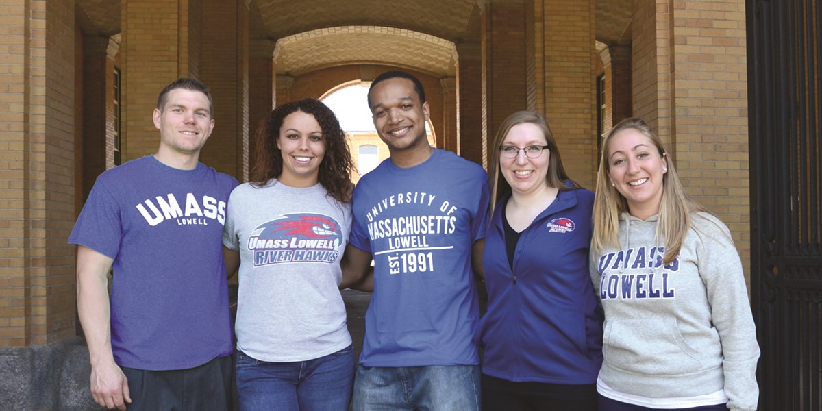 David Moloney on North Campus pictured with four other UMass Lowell students