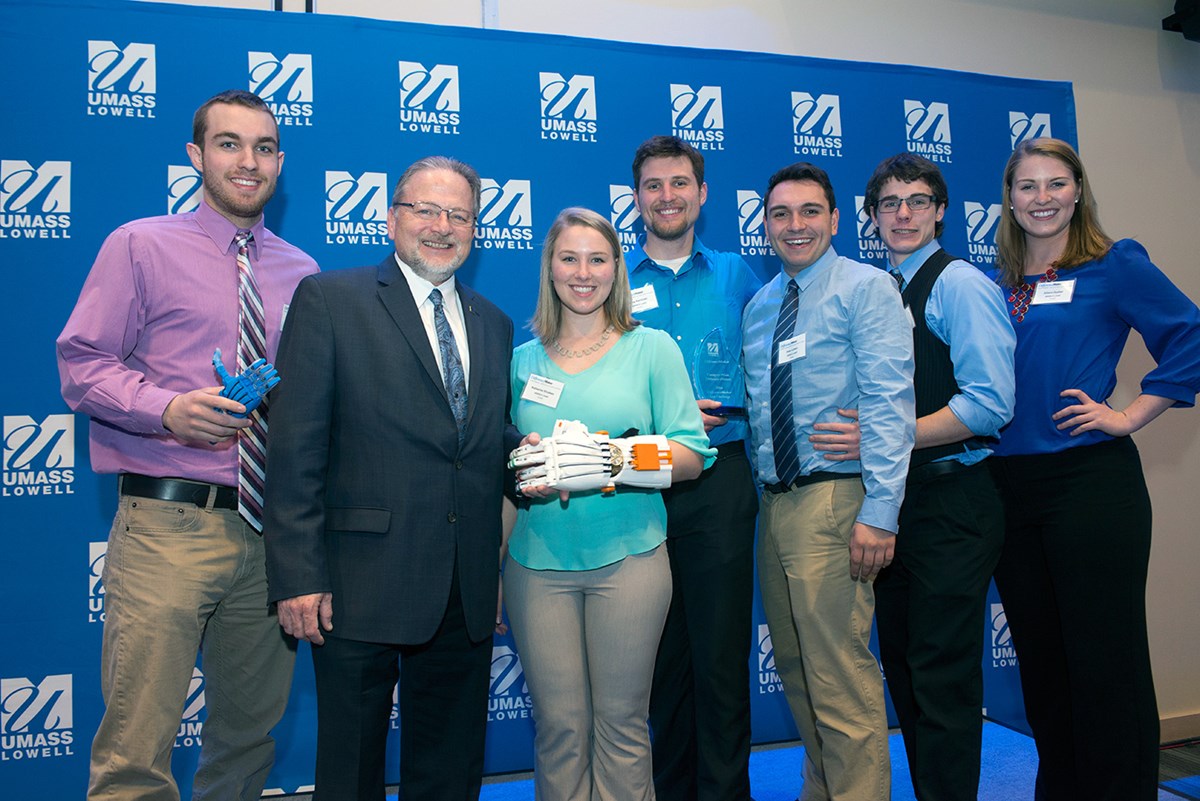 Assoc. Vice Chancellor for Entrepreneurship & Economic Development Steve Tello, second from left, poses with the eNABLE Lowell team after its campuswide DifferenceMaker Idea Challenge win in 2016.
