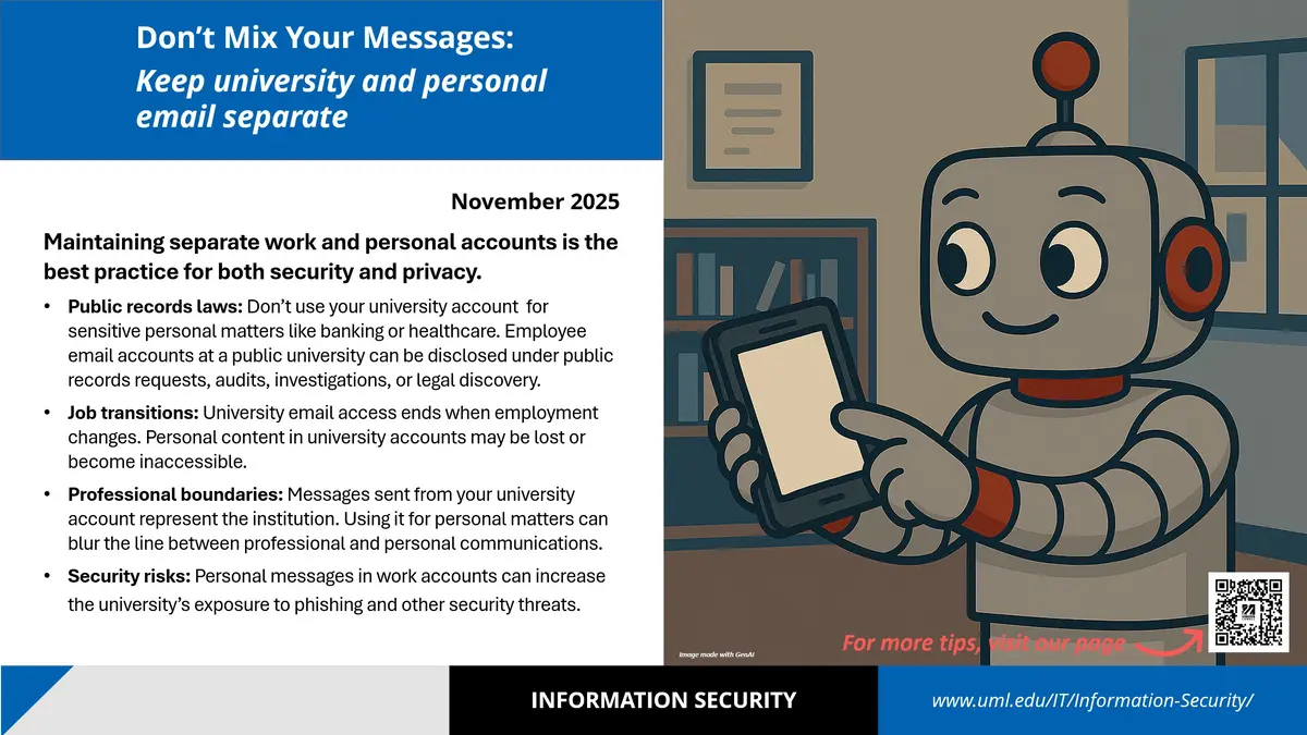 Slide with information about keeping work and personal email separate.