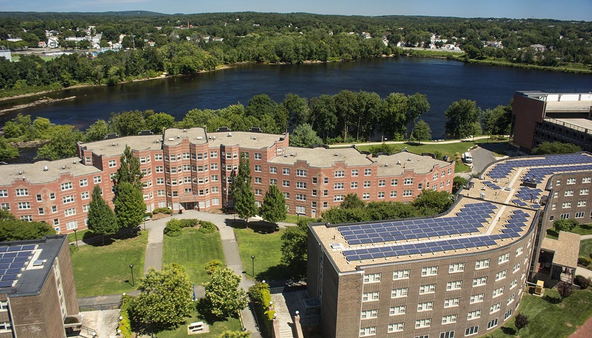 Aerial shot of UMass Lowell East Campus featuring Donahue Hall