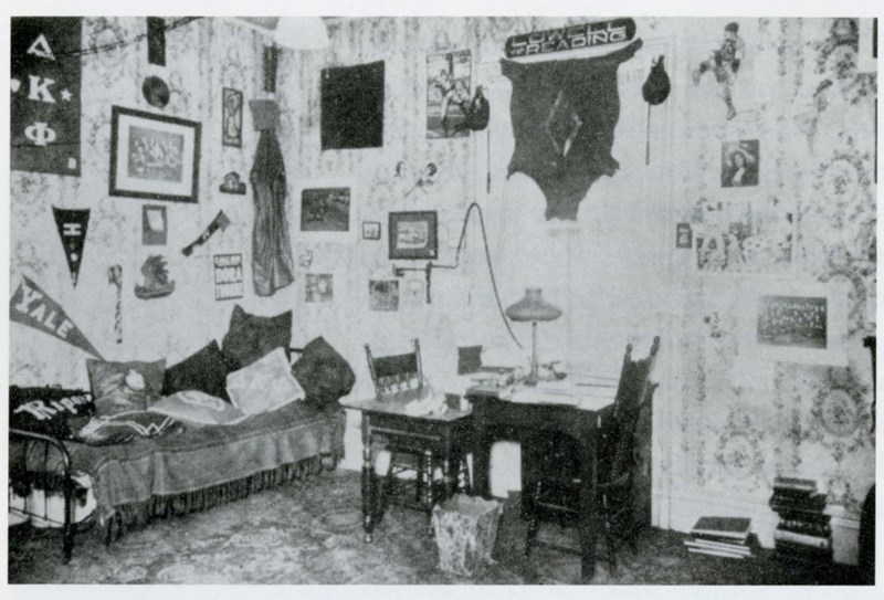A decorated dorm room at Lowell Textile School in 1921