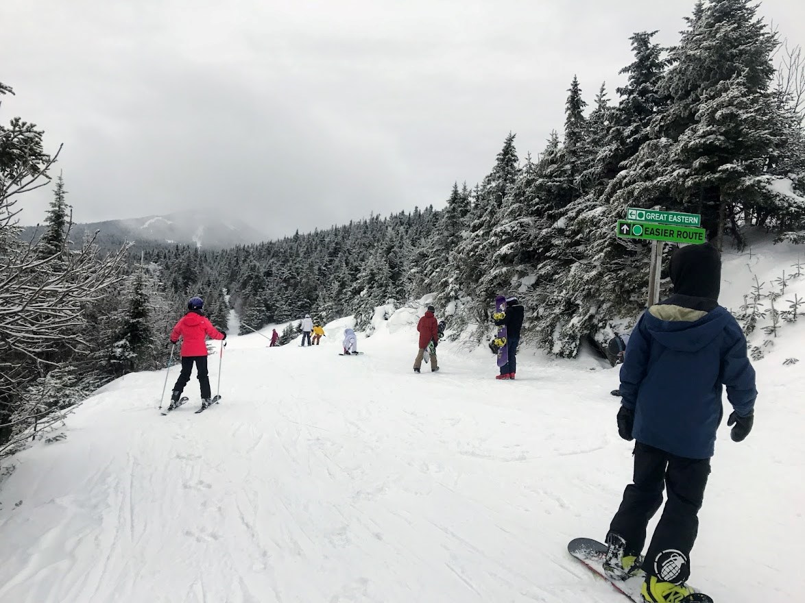 Several people glide downhill on skis and snowboards