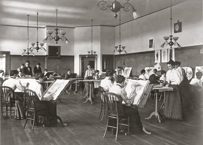 Lowell Normal School students used the north light of the large drawing room on the third floor of Coburn Hall to sketch during a drawing class