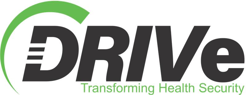 Green swoosh and grey stylized: DRIVE with green Transforming Health Security below.