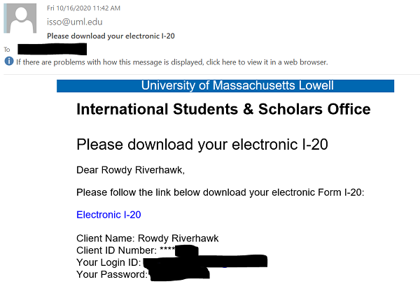 screenshot of email from ISSO displaying hyperlink and login credentials to access electronic I20