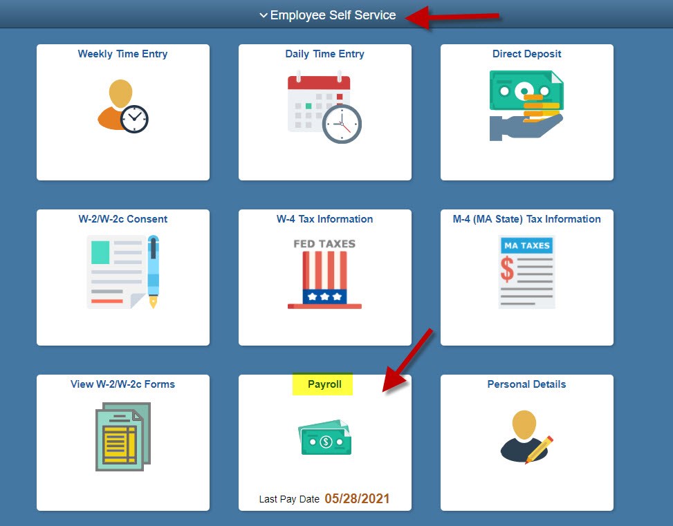 Screen shot showing the homepage for Employee Self Service. There are a number of tiles with images and words. The one for Payroll is highlighted using a red arrow pointing to it.