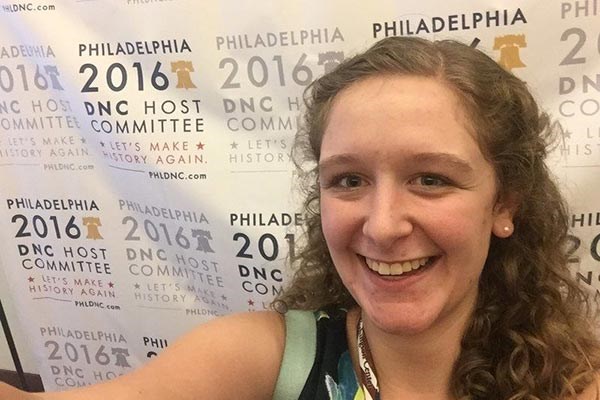 Sarah Chapman, 22, a political science major from Pelham, is working at the Democratic National Convention in Philadelphia.