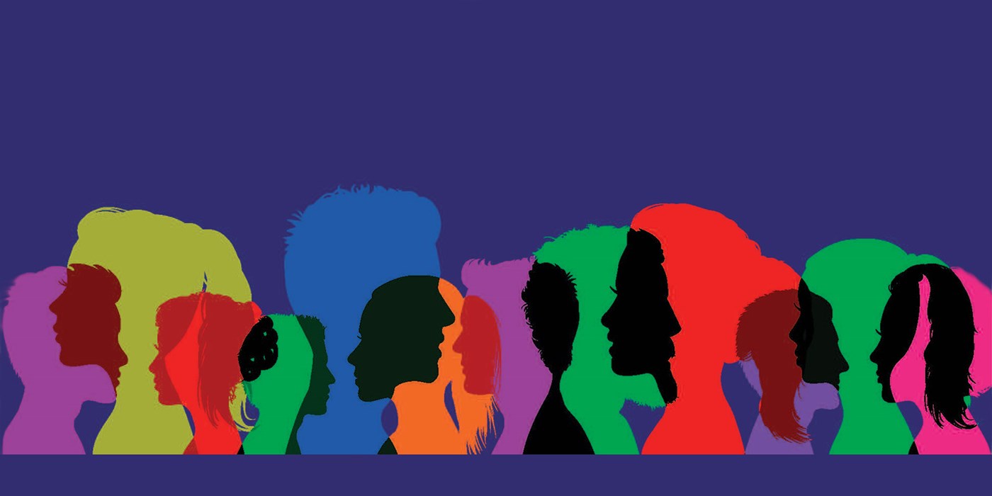 Purple background with silhouettes of different male and female heads in different colors over-layered on it.
