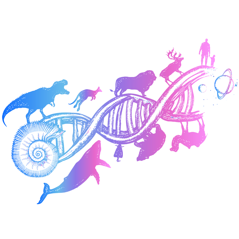 Blue and pink drawing of animals climbing on a DNA strand.