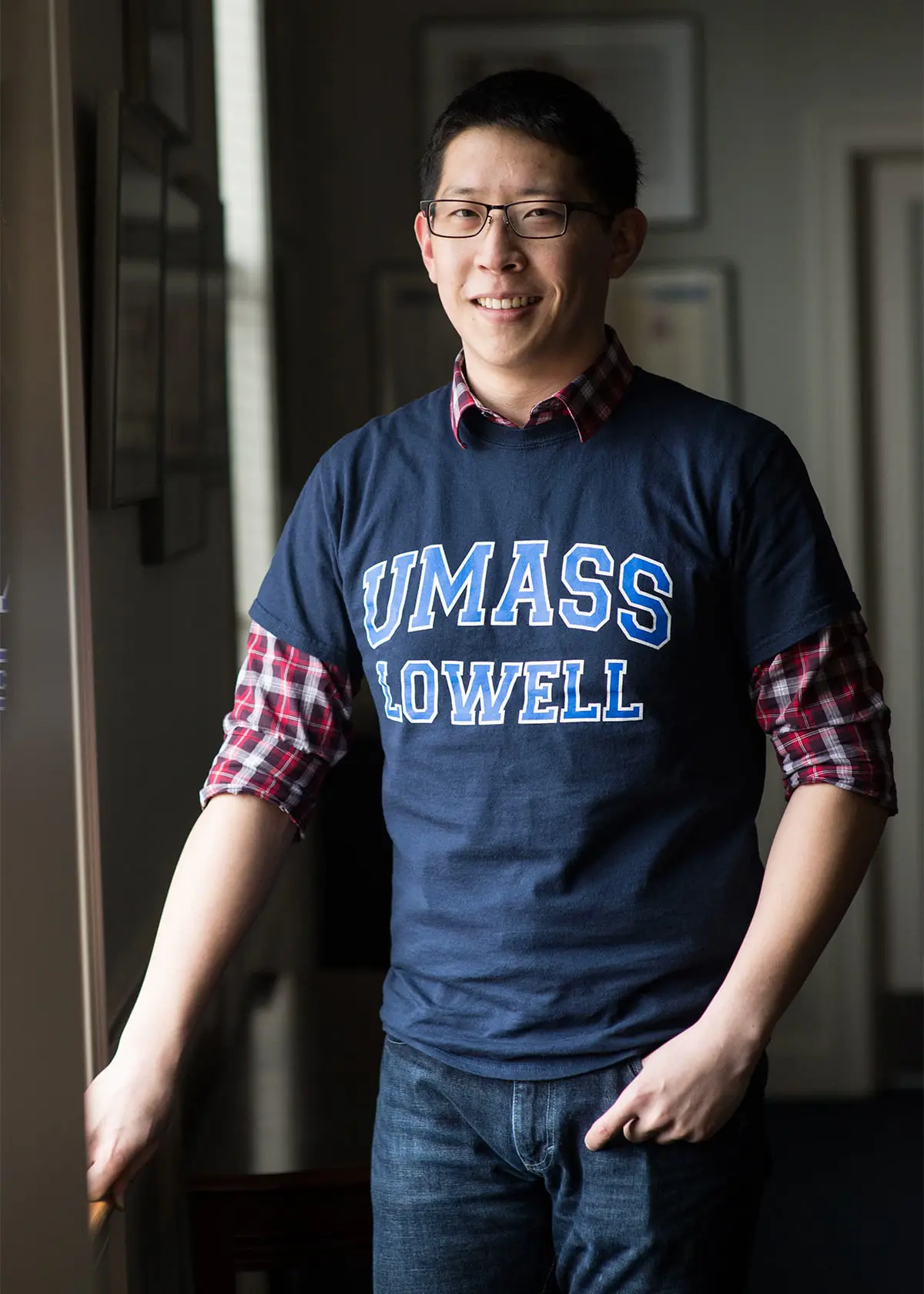 Fang Zhang in UMass Lowell T-shirt