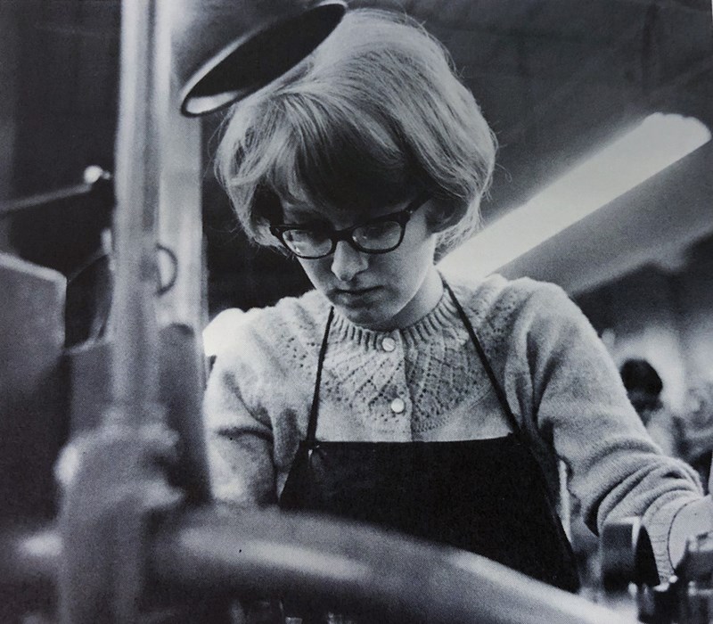 Lowell Technological Institute female student in engineering lab in 1968