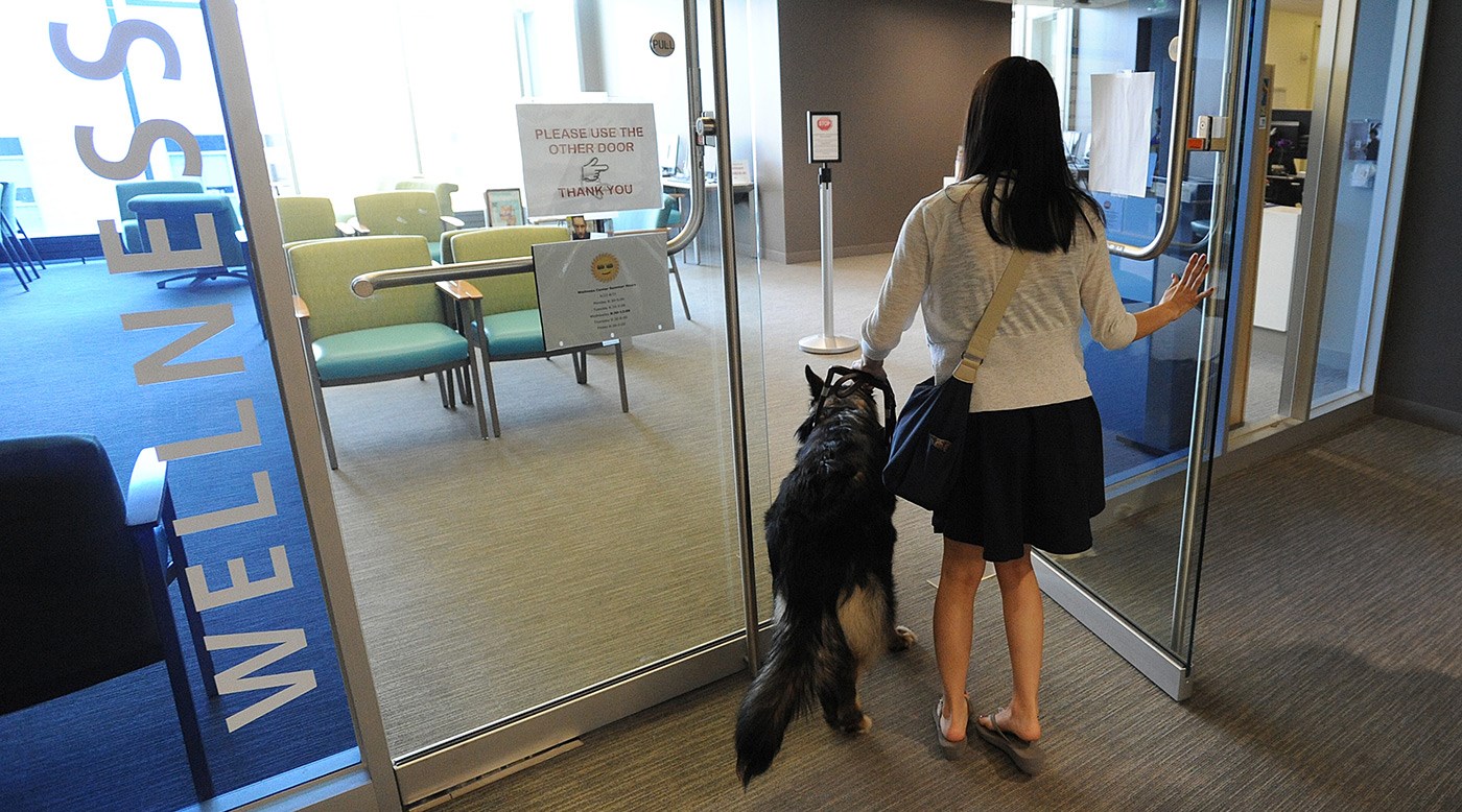 A  a female student walking with her service dog into the Wellness Center.