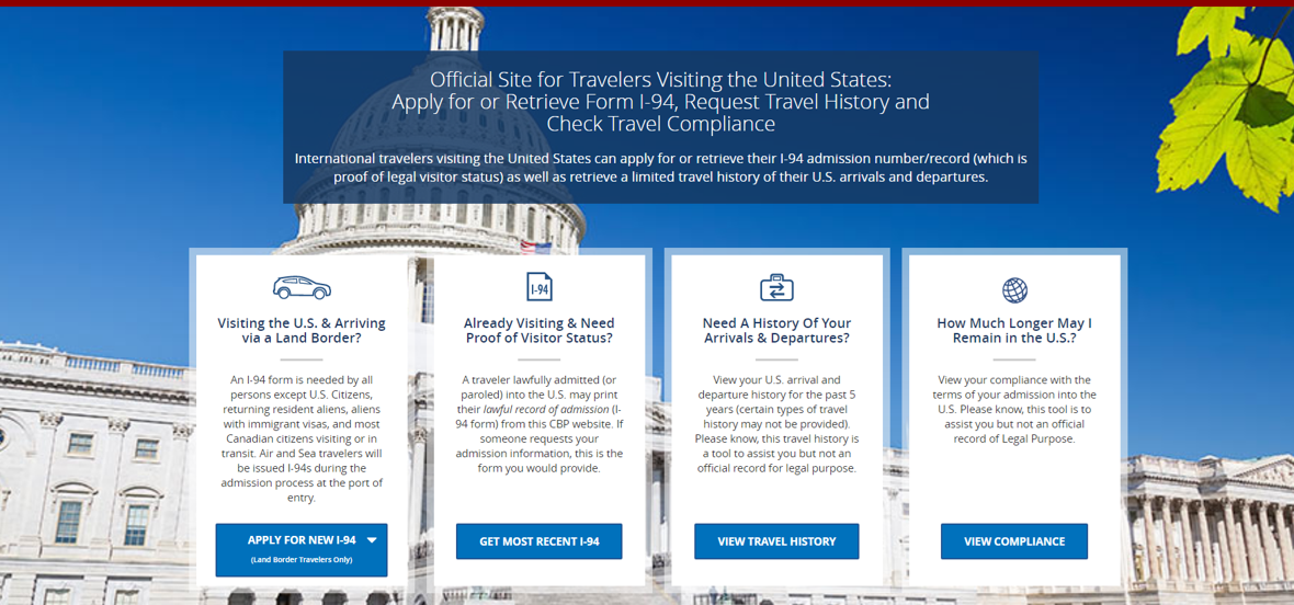 Screenshot of the official website of the Department of Homeland Security to retrieve the I-94 form