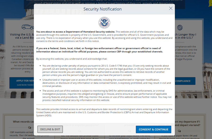 Screenshot of the Security Notification pop-up on the official website of the Department of Homeland Security
