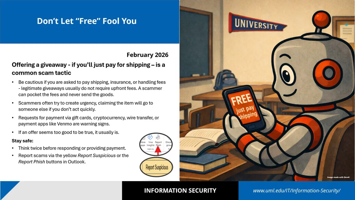 Slide with information regarding avoiding common scam that involve asking the victim to pay for shipping.