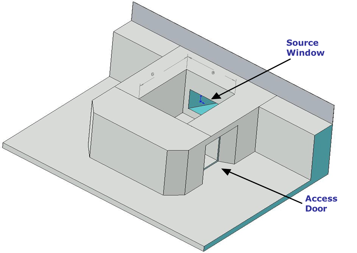 Top-angled 3-D View of the Gamma Cave Facility including the source window and access door.