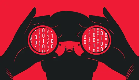 A person looks through binoculars with computer code in the lens.