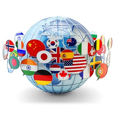Globe surrounded by bubbles containing world flags