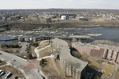 Aerial view of East Campus with Donahue