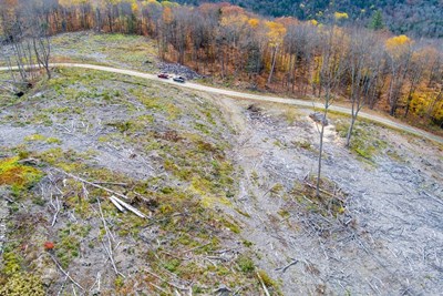 Aerial shot of clear cut land in Vermont