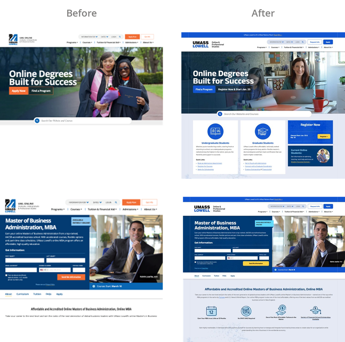 Screenshot showing before-and-after versions of the gps.uml.edu homepage