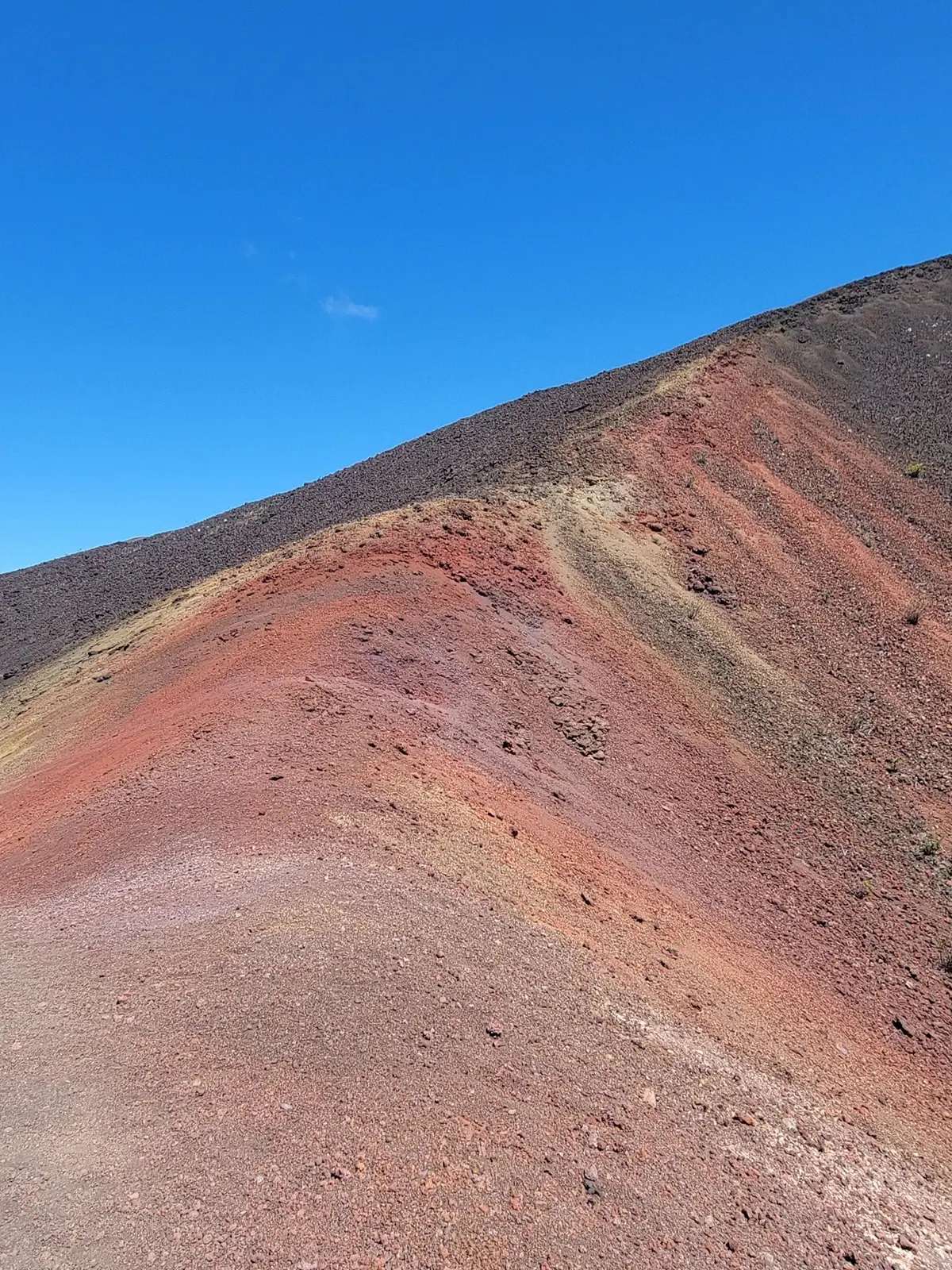 Red and brown ochres mix on a steep ridgeline under a clear blue sky.