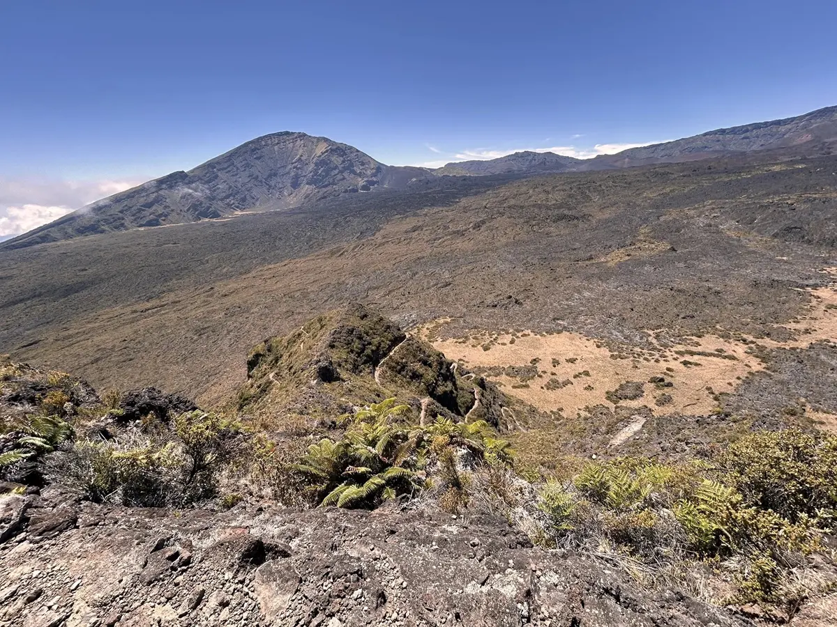 A huge vista of mountains, a valley, and a ridgeline close by with switchbacking trails