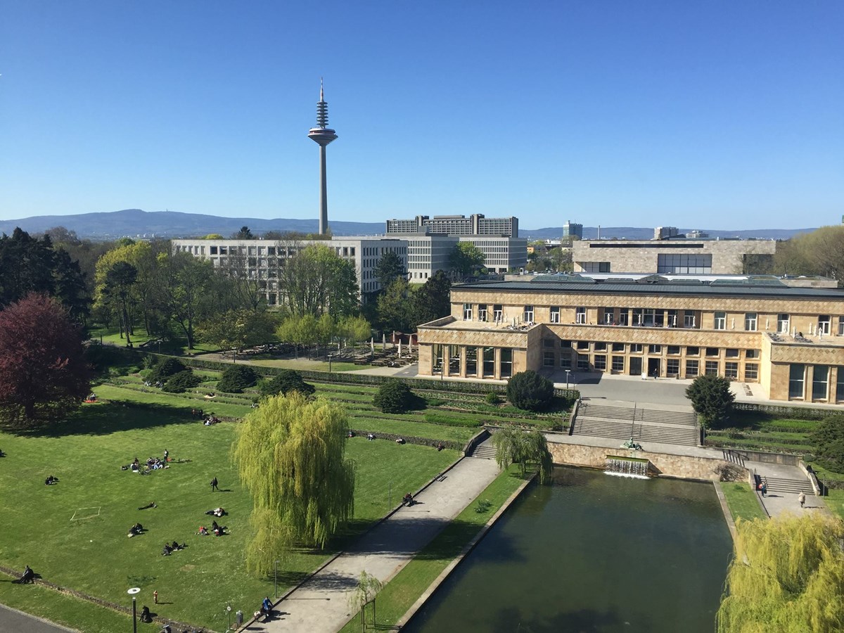 Aerial campus view of Goethe University in Frankfurt.