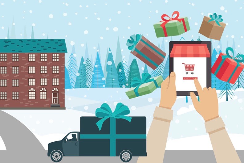 An illustration of a person ordering gifts on their smartphone