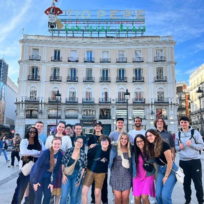 Group of students in front of building in Madrid, Spain