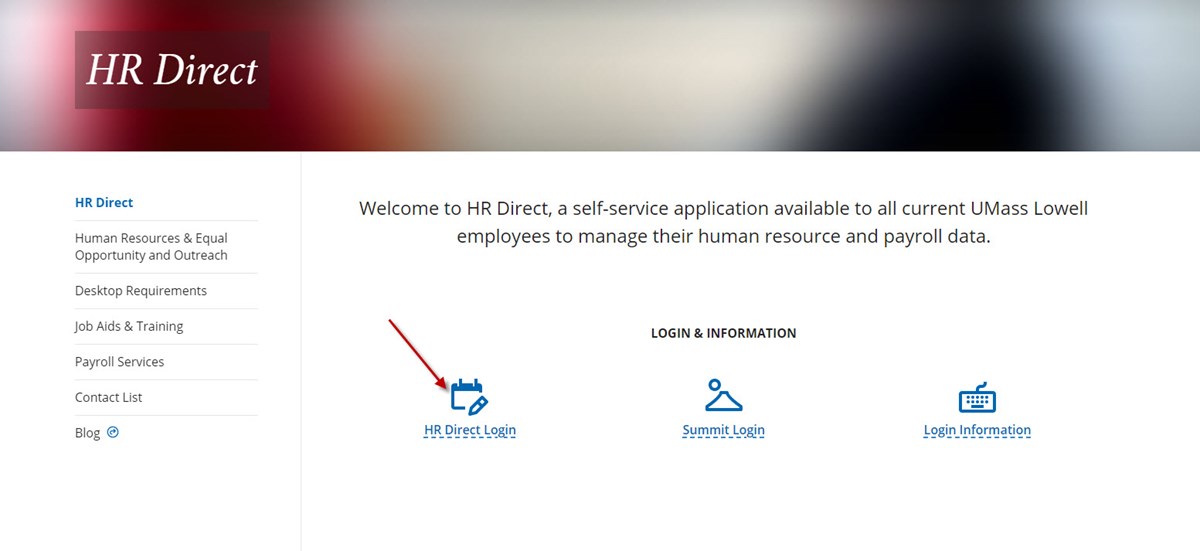 Screengrab of HR Direct website with an arrow pointing to the log in icon.
