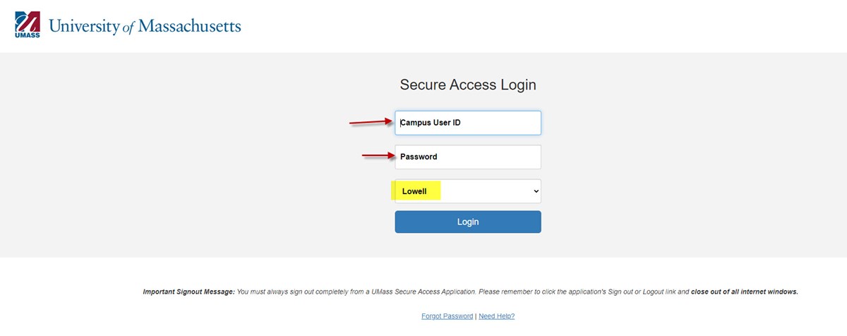 Screengrab showing HR Direct log in screen with arrows pointing to the Campus ID and Password fields and the campus: Lowell highlighted.