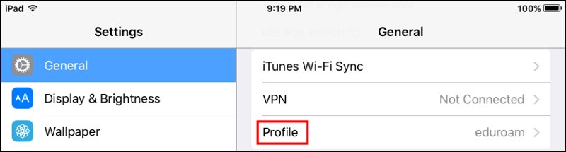 UMass Lowell eduroam WiFi Set Up – iPhone/iPad Note: These instructions are only needed if your iPhone or iPad is experiencing a problem connecting to the eduroam WiFi network. Step # 1.	Go to Settings and tap on General, then scroll down and tap on Profile.